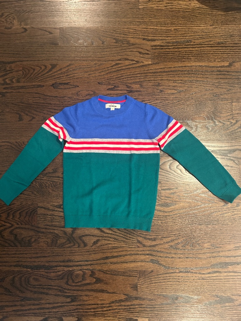 Mini Boden Blue and Teal Crewneck Sweater with Red Stripes